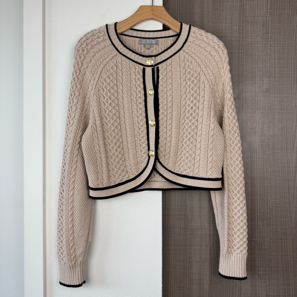 J. Crew Tan Cropped Cable Knit Sweater Lady Jacket Cardigan - Picture 4 of 13